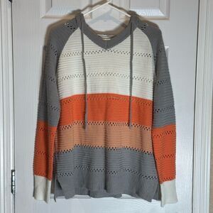 Women’s Hooded Knit Sweater XL Grey White Coral Acrylic Fall Casual